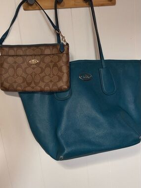 Coach Teal Leather Tote with Brown Signature Wristlet